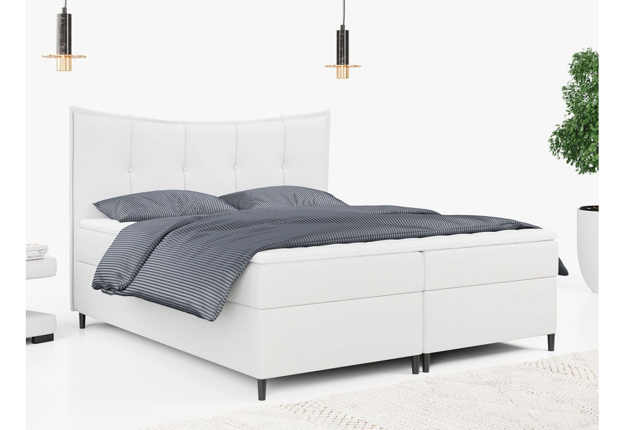 Funkcjonalne łóżko kontynentalne z przeszywanym wezgłowiem i pojemnikiem na pościel - BERNATE 160x200 biała ecoskóra