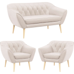 Zestaw wypoczynkowy sofa z dwoma fotelami do salonu - PIRS 2+1+1 w jasnobeżowej welurowej tapicerce