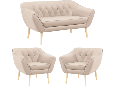 Skandynawski zestaw wypoczynkowy z beżową welurową tapicerką PIRS 2+1+1 z sofą i dwoma fotelami