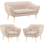 Skandynawski zestaw wypoczynkowy z beżową welurową tapicerką PIRS 2+1+1 z sofą i dwoma fotelami