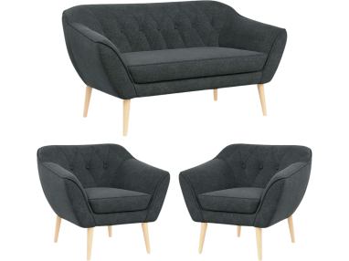 Wygodny trzyczęściowy zestaw wypoczynkowy w skandynawskim stylu PIRS 2+1+1 z dwoma fotelami i sofą, ciemnoszara plecionka