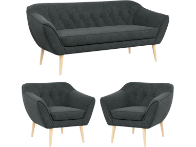 Zestaw wypoczynkowy w skandynawskiej stylistyce PIRS 3+1+1 trzyelementowy z ciemnoszarą plecioną tapicerką