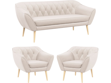 Trzyczęściowy jasnobeżowy komplet wypoczynkowy PIRS 3+1+1 w skandynawskim stylu, z welurową tapicerką