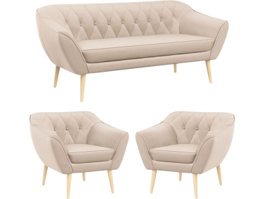Beżowy zestaw wypoczynkowy złożony z dwóch foteli i sofy PIRS 3+1+1 welurowy, ze sprężynowymi siedziskami