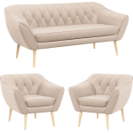 Beżowy zestaw wypoczynkowy złożony z dwóch foteli i sofy PIRS 3+1+1 welurowy, ze sprężynowymi siedziskami