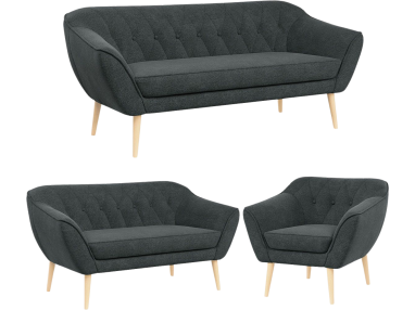 Trzyczęściowy komplet wypoczynkowy złożony z dwóch sof i fotela w skandynawskim stylu PIRS 3+2+1 ciemnoszara plecionka