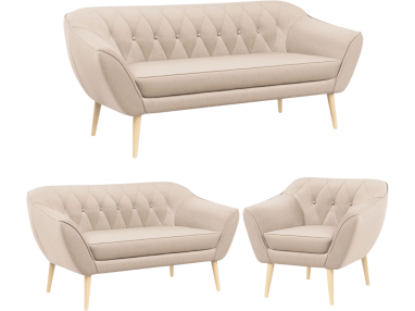 Beżowy welurowy komplet wypoczynkowy z dwoma sofami i fotelem PIRS 3+2+1 do nowoczesnego salonu