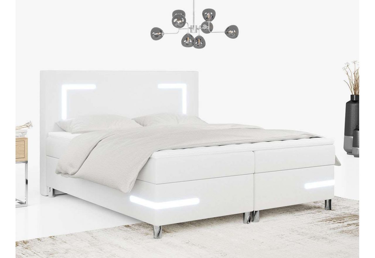 Przestronne łóżko kontynentalne z dwoma materacami i wysokim wezgłowiem DEMONTE z oświetleniem LED i białą ecoskórą 160x200