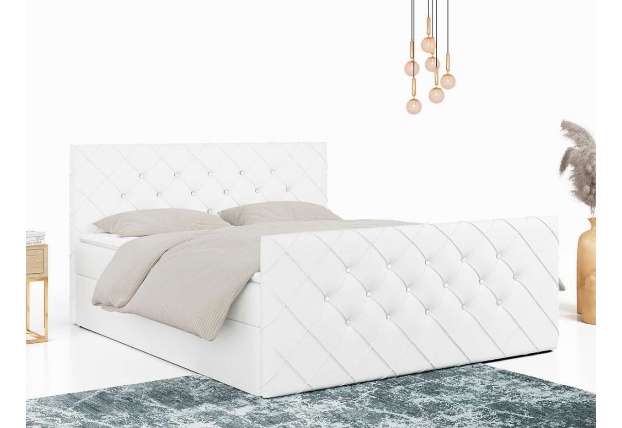 Łóżko kontynentalne pikowane, z kryształkami MILANESI z dwoma materacami i tapicerowanym zanóżkiem, biała ecoskóra 140x200
