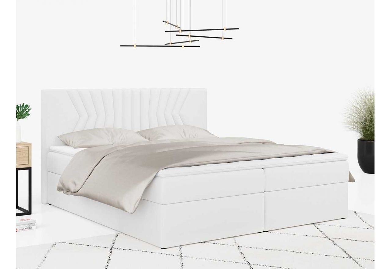 Łóżko kontynentalne z wysokim wezgłowiem i podwójnym pojemnikiem na pościel STELLE biała ecoskóra 140x200