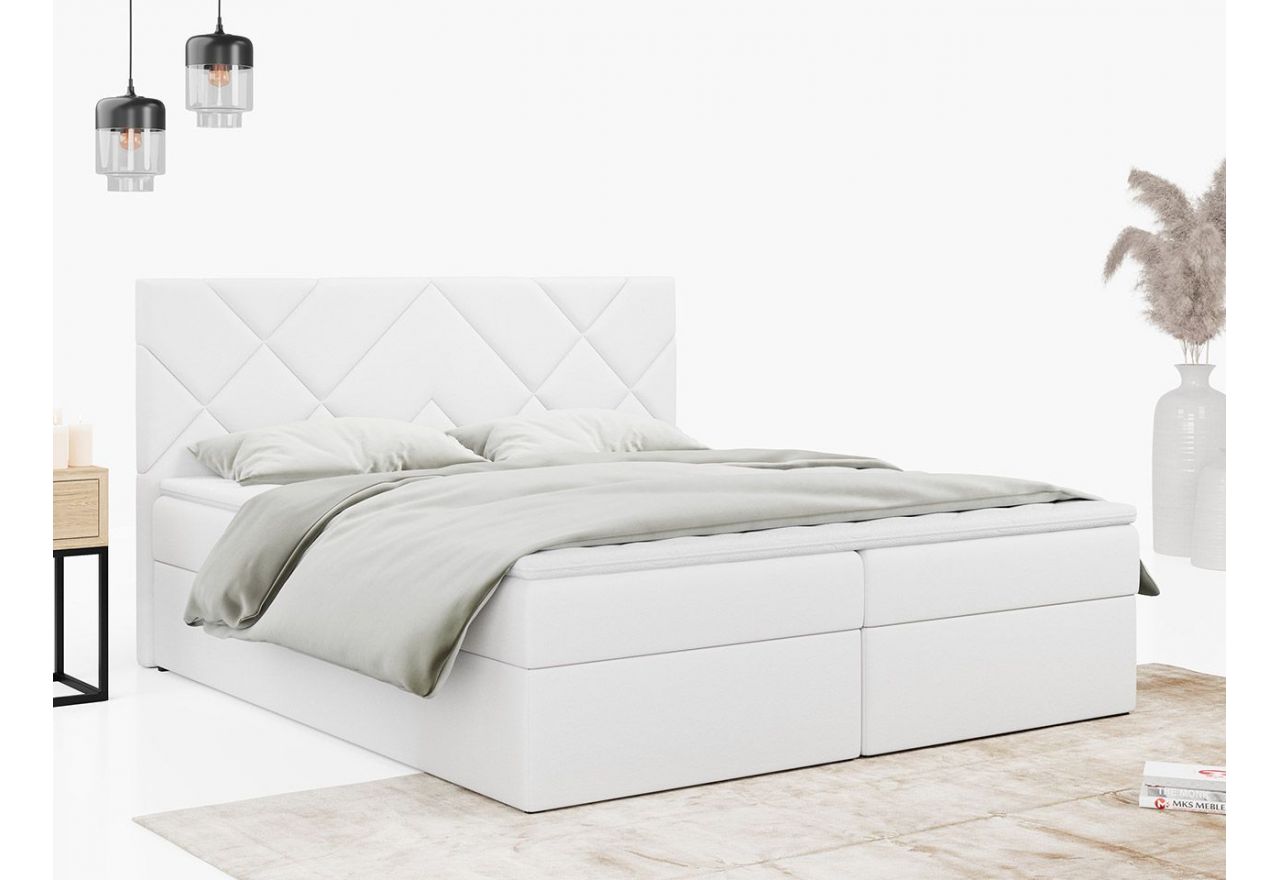 Funkcjonalne łóżko kontynentalne wysokie z przeszywanym wezgłowiem i opcją wyboru tkaniny - STELLE 3 140x200 biała ecoskóra