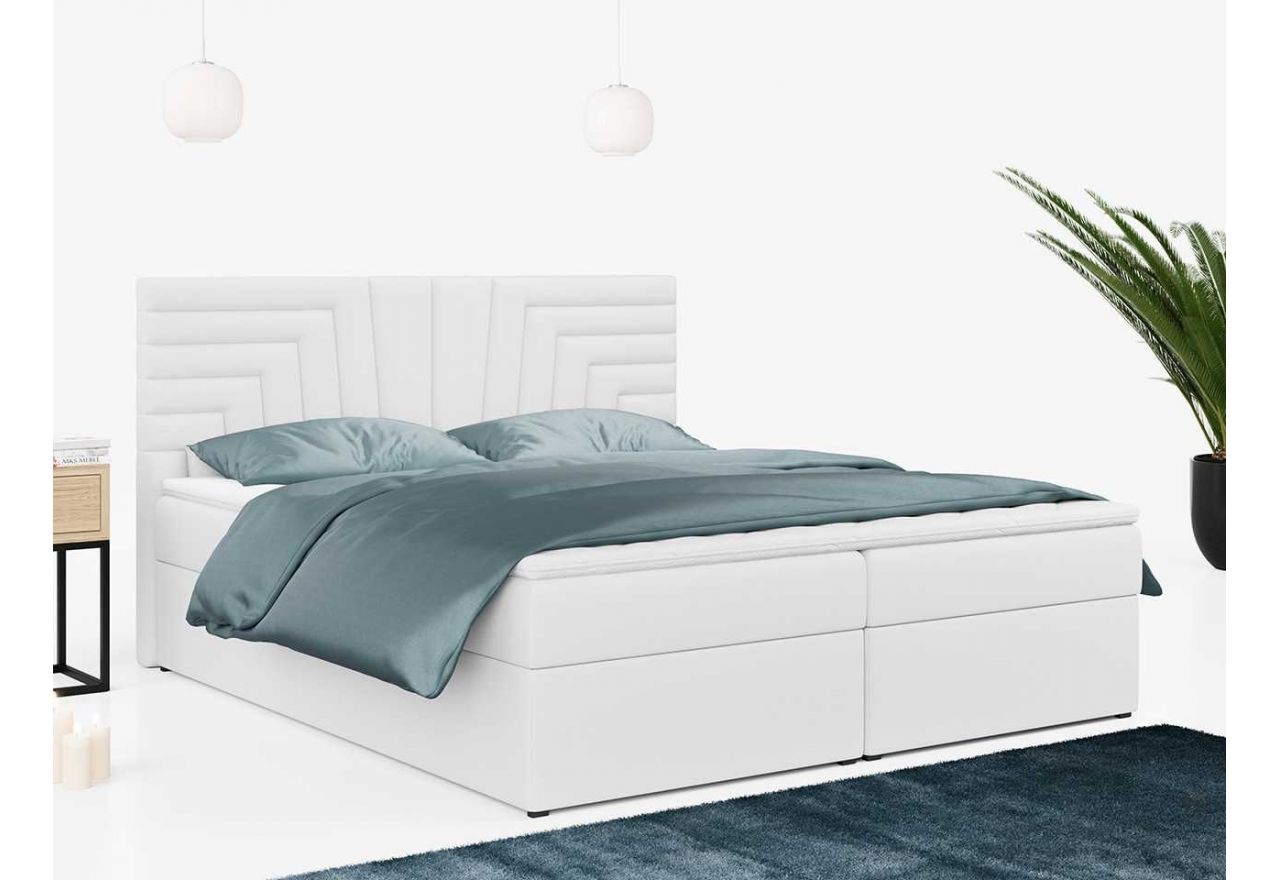 Funkcjonalne łóżko kontynentalne dwuosobowe z pojemnikami na pościel i wysokim wezgłowiem - STELLE 4 140x200 biała ecoskóra