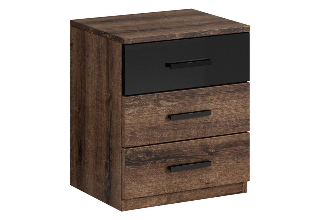 Zestaw mebli do sypialni, stoliki nocne, szafa, komoda i szafka nocna - GALAKTA - dąb monastery - czarny połysk