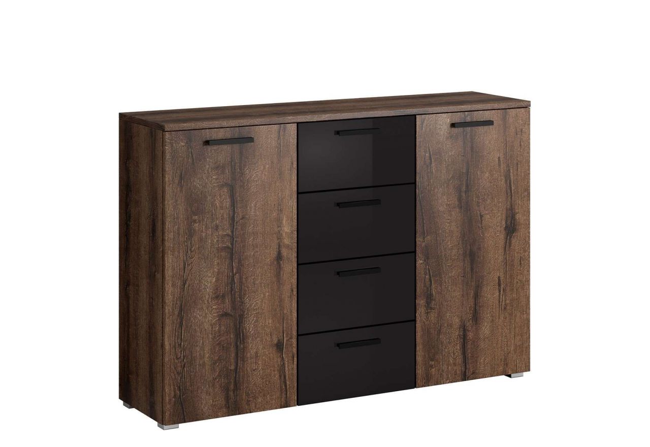 Zestaw mebli do sypialni, stoliki nocne, szafa, komoda i szafka nocna - GALAKTA - dąb monastery - czarny połysk