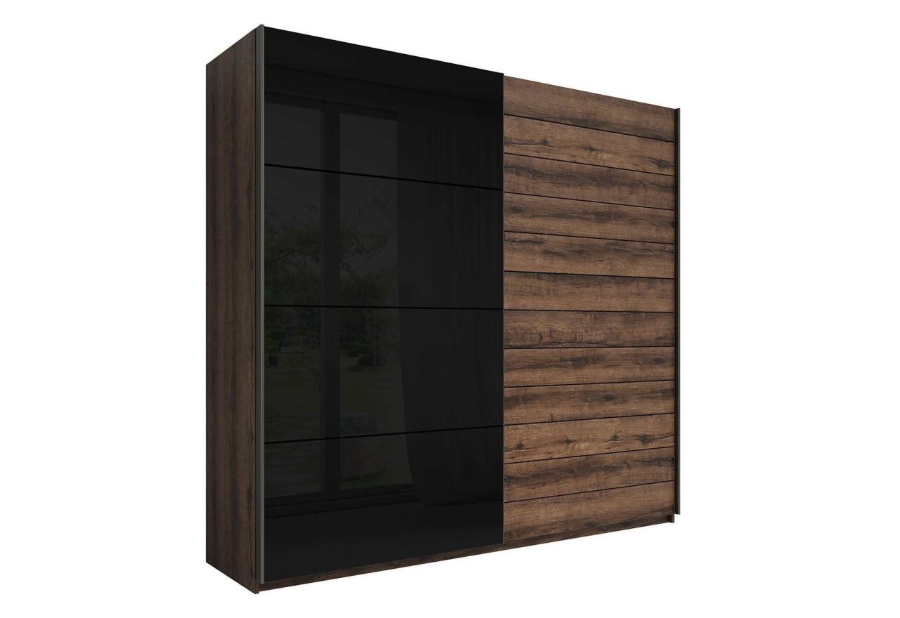 Zestaw mebli do sypialni, stoliki nocne, szafa, komoda i szafka nocna - GALAKTA - dąb monastery - czarny połysk