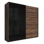 Zestaw mebli do sypialni, stoliki nocne, szafa, komoda i szafka nocna - GALAKTA - dąb monastery - czarny połysk