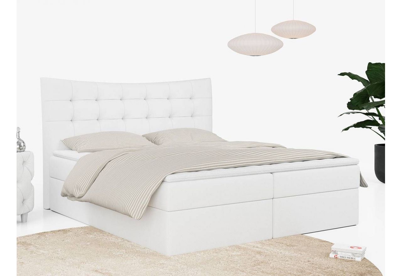 Pikowane łóżko kontynentalne SERVILLO, podwójne z pojemnikiem na pościel i materacem sprężynowym 140x200, biała ecoskóra