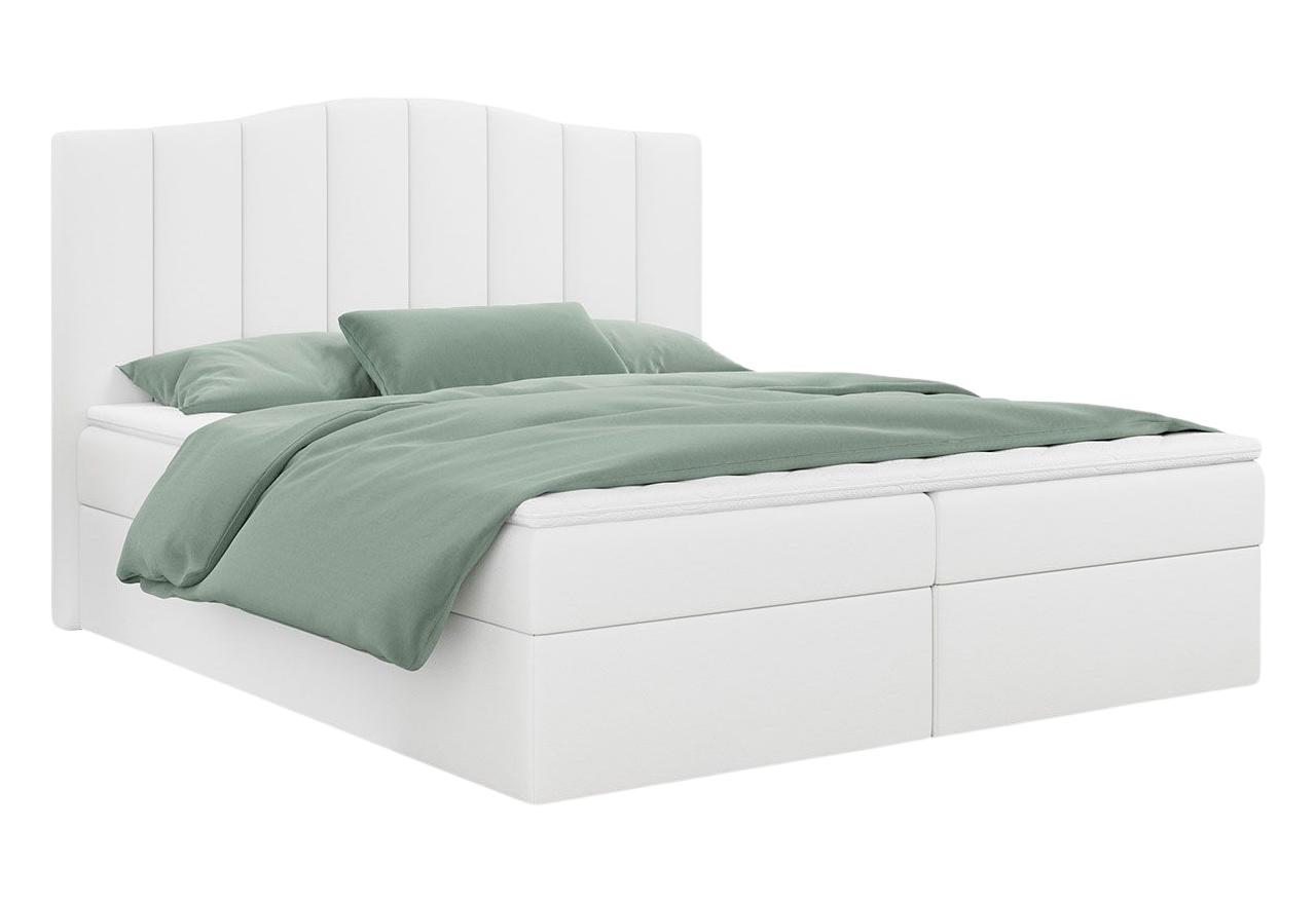 Łóżko do sypialni kontynentalne z materacem sprężynowym LINATE 120x200, wysokie, przeszywane wezgłowie, biała ecoskóra