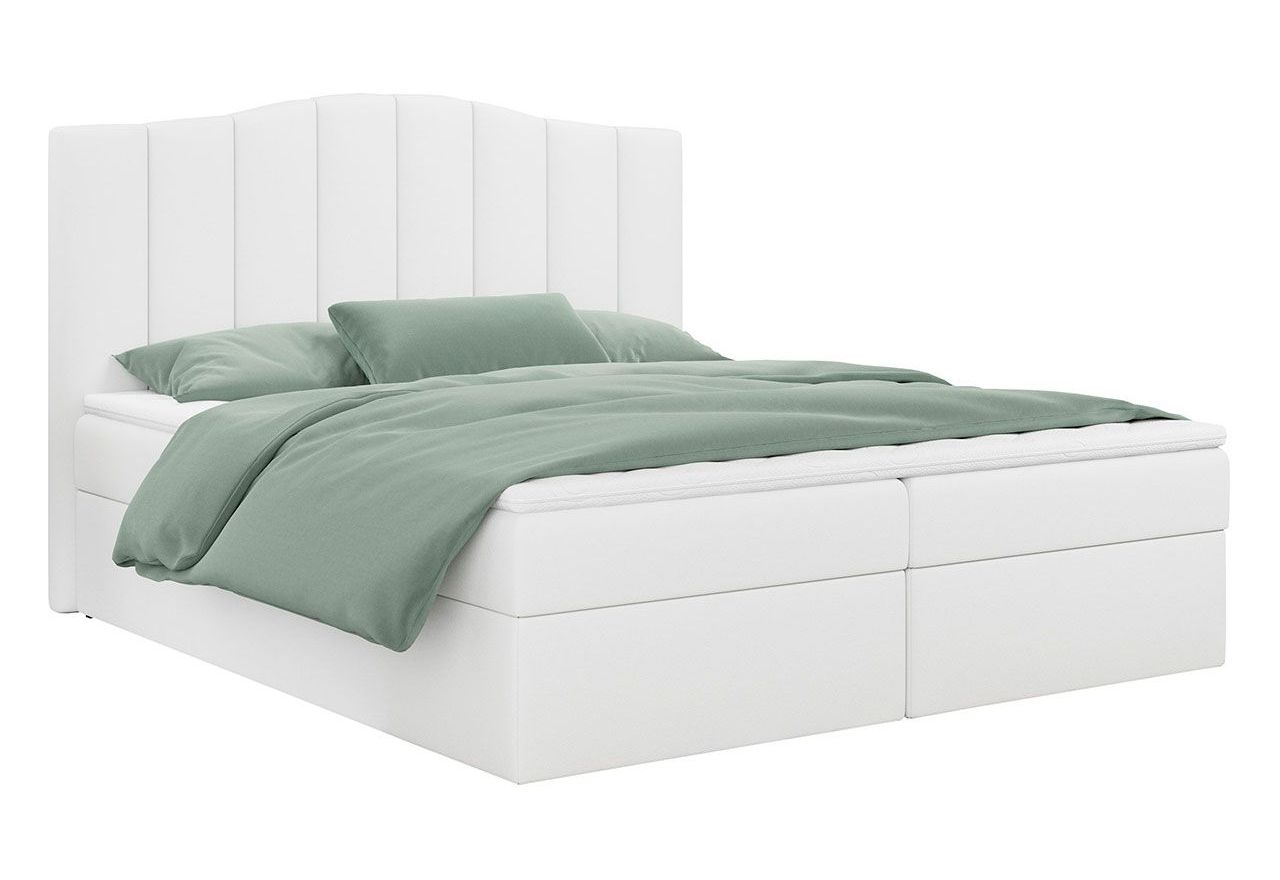 Łóżko do sypialni kontynentalne z materacem sprężynowym LINATE 120x200, wysokie, przeszywane wezgłowie, biała ecoskóra