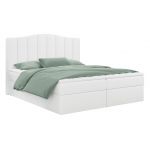 Łóżko do sypialni kontynentalne z materacem sprężynowym LINATE 120x200, wysokie, przeszywane wezgłowie, biała ecoskóra