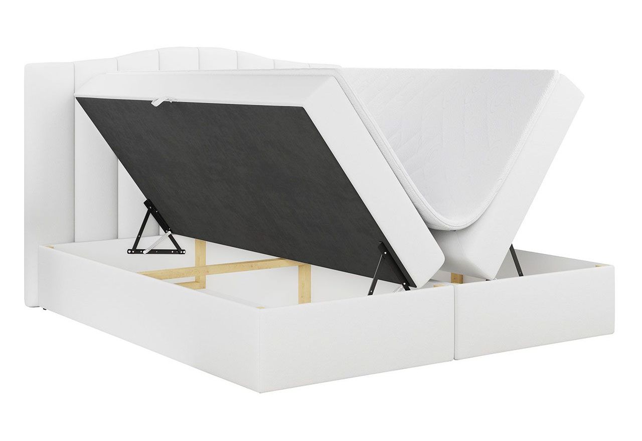 Łóżko do sypialni kontynentalne z materacem sprężynowym LINATE 120x200, wysokie, przeszywane wezgłowie, biała ecoskóra