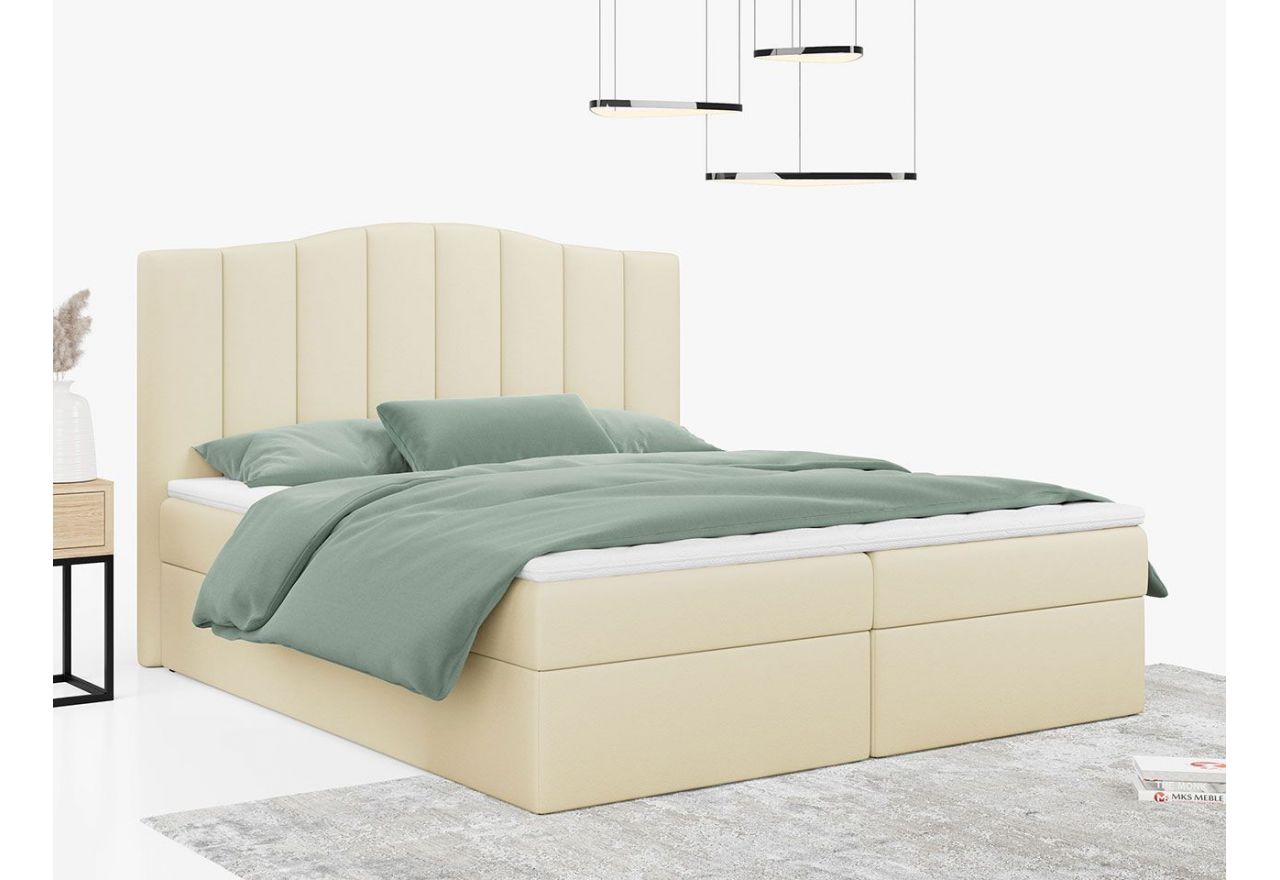 Łóżko do sypialni kontynentalne z materacem sprężynowym LINATE 120x200, wysokie, przeszywane wezgłowie, biała ecoskóra