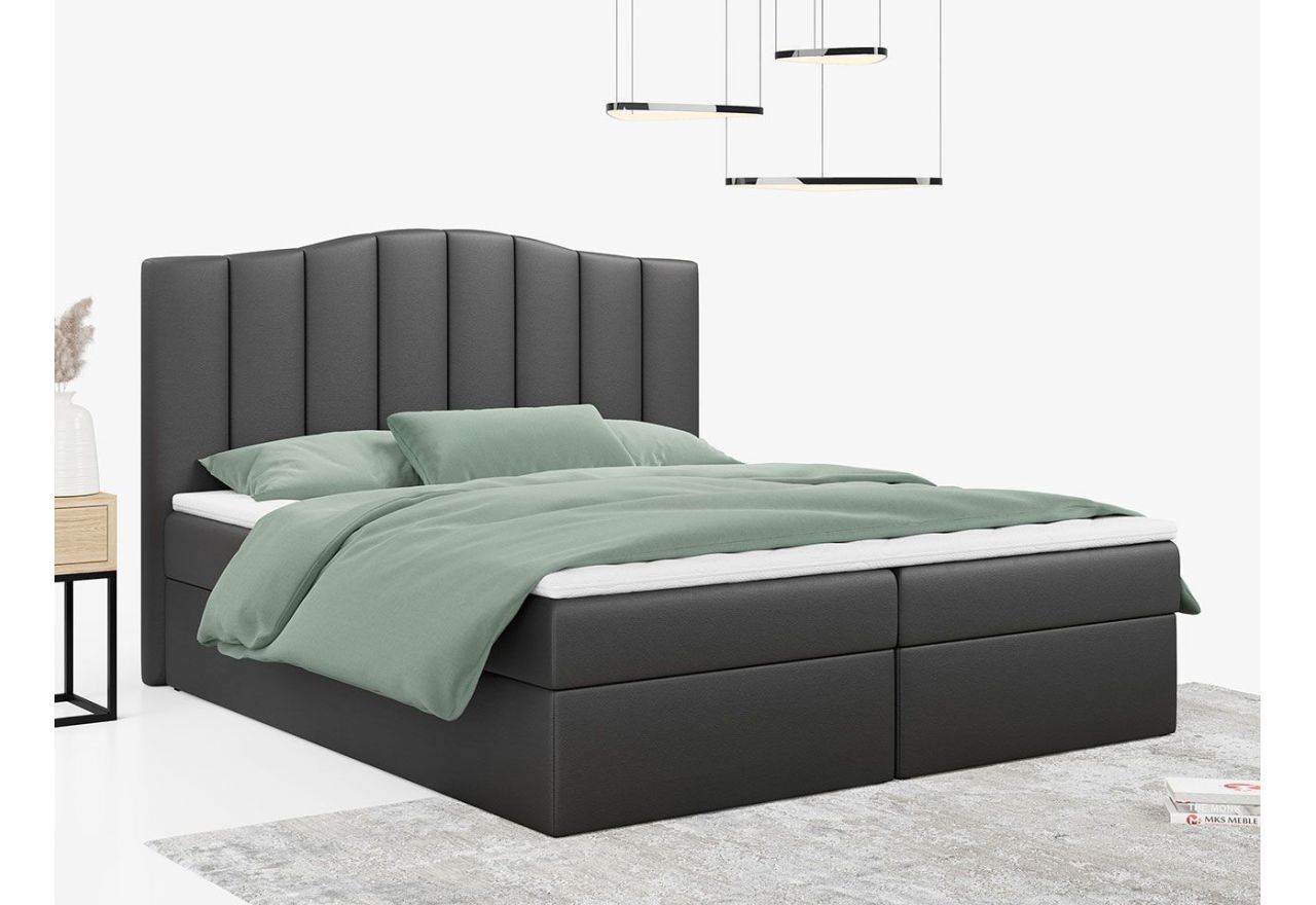 Łóżko do sypialni kontynentalne z materacem sprężynowym LINATE 120x200, wysokie, przeszywane wezgłowie, biała ecoskóra