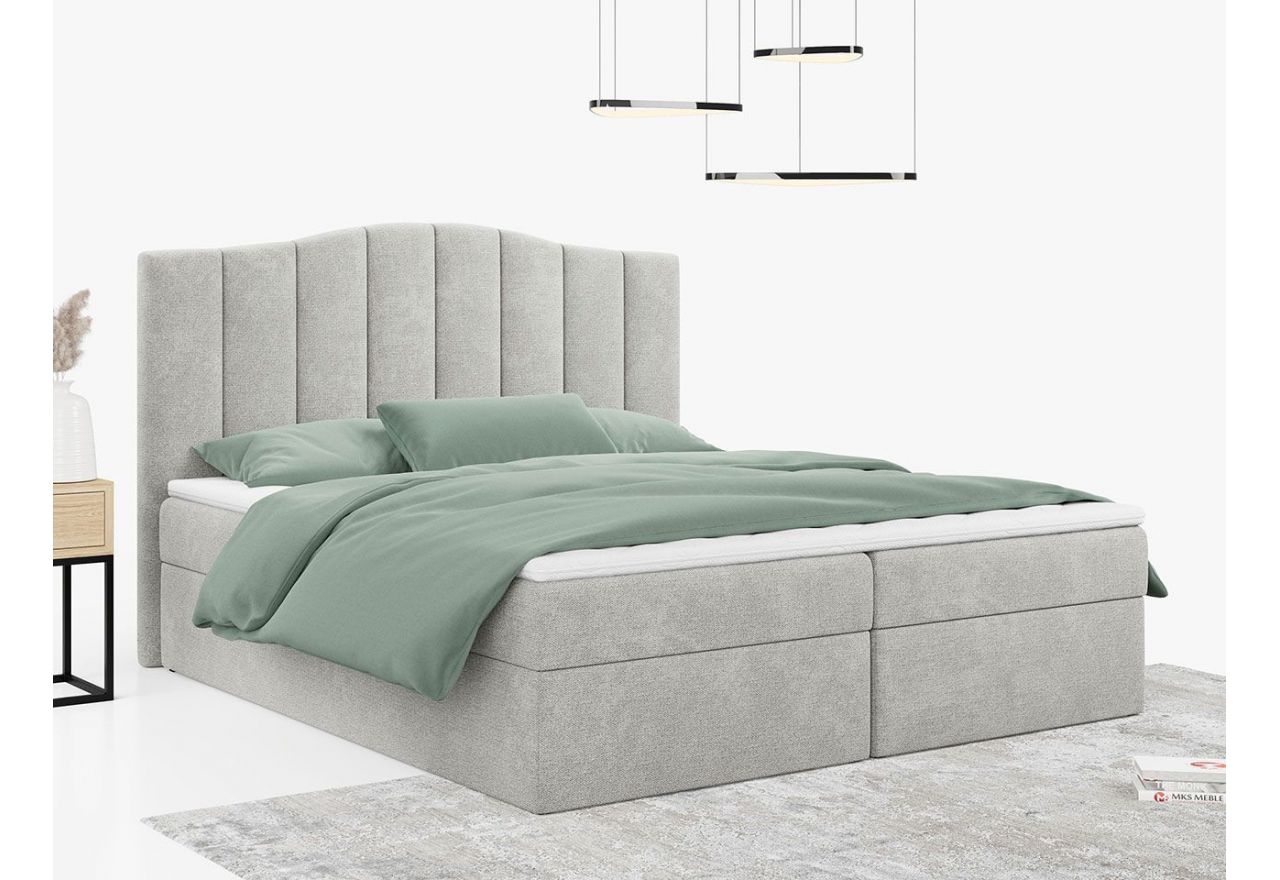 Łóżko do sypialni kontynentalne z materacem sprężynowym LINATE 120x200, wysokie, przeszywane wezgłowie, biała ecoskóra