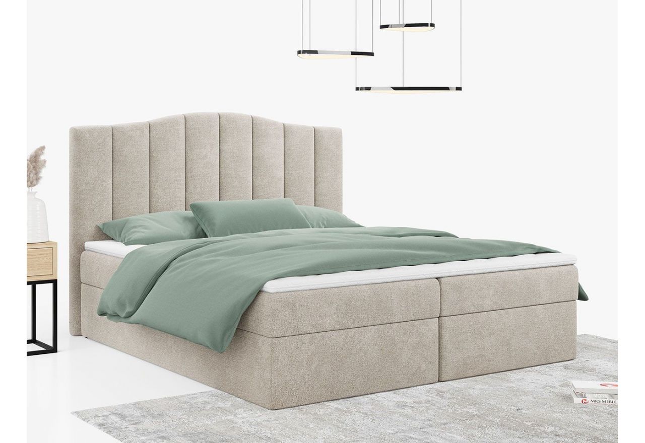 Łóżko do sypialni kontynentalne z materacem sprężynowym LINATE 120x200, wysokie, przeszywane wezgłowie, biała ecoskóra