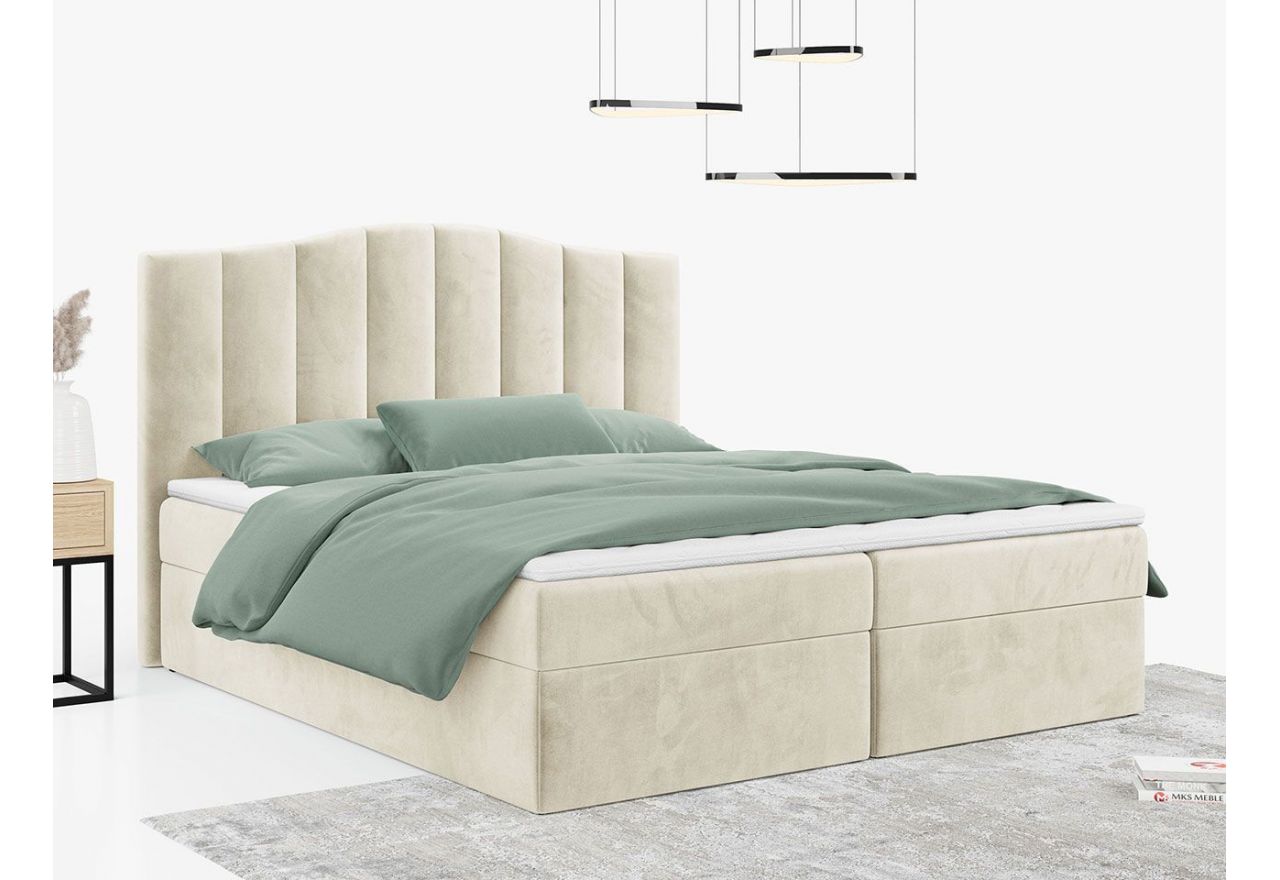 Łóżko do sypialni kontynentalne z materacem sprężynowym LINATE 120x200, wysokie, przeszywane wezgłowie, biała ecoskóra