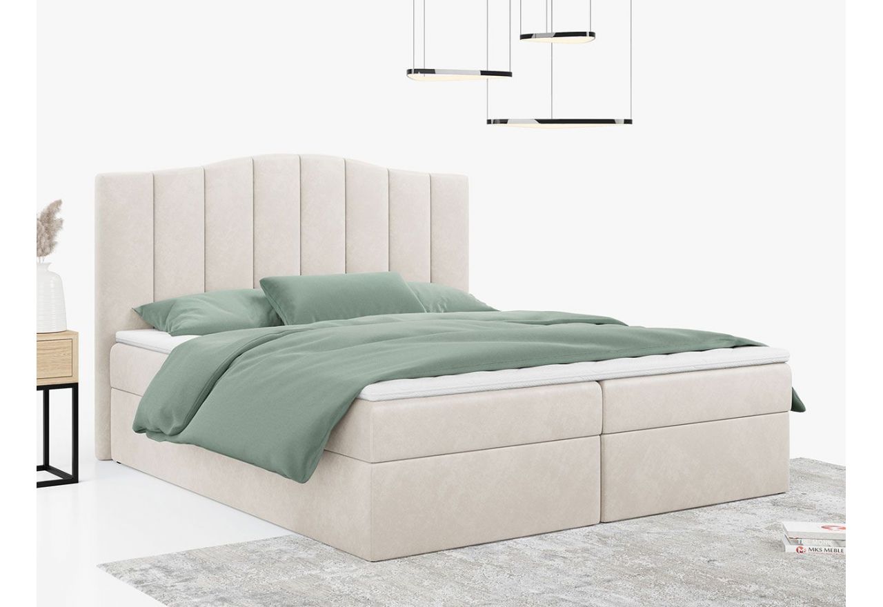 Łóżko do sypialni kontynentalne z materacem sprężynowym LINATE 120x200, wysokie, przeszywane wezgłowie, biała ecoskóra