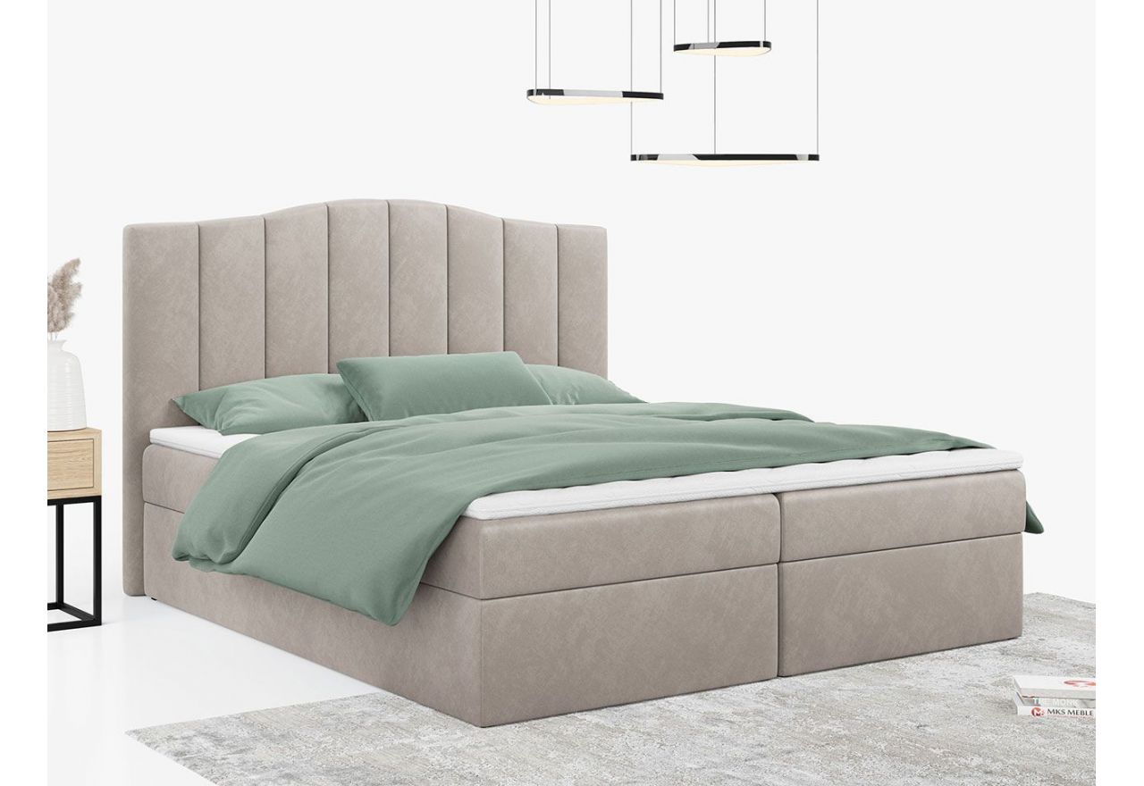 Łóżko do sypialni kontynentalne z materacem sprężynowym LINATE 120x200, wysokie, przeszywane wezgłowie, biała ecoskóra