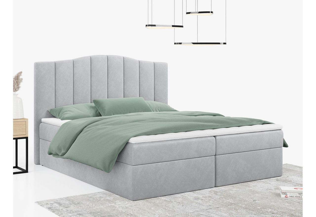 Łóżko do sypialni kontynentalne z materacem sprężynowym LINATE 120x200, wysokie, przeszywane wezgłowie, biała ecoskóra