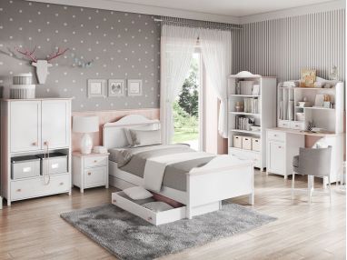 Funkcjonalny zestaw mebli do pokoju dziecięcego z łóżkiem 90x200 cm NABLO biel alpejska/róż