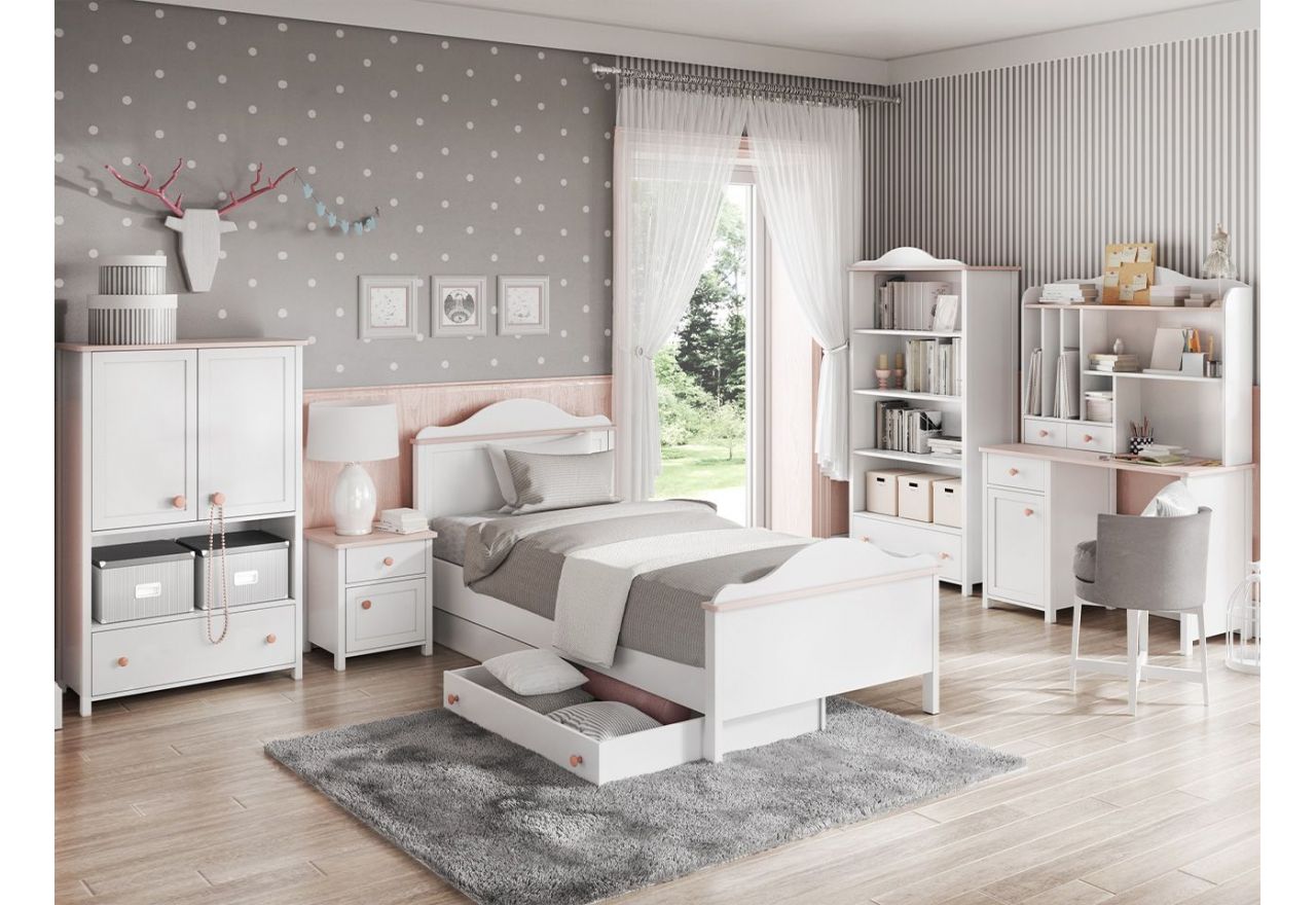 Funkcjonalny zestaw mebli do pokoju dziecięcego z łóżkiem 90x200 cm NABLO biel alpejska/róż