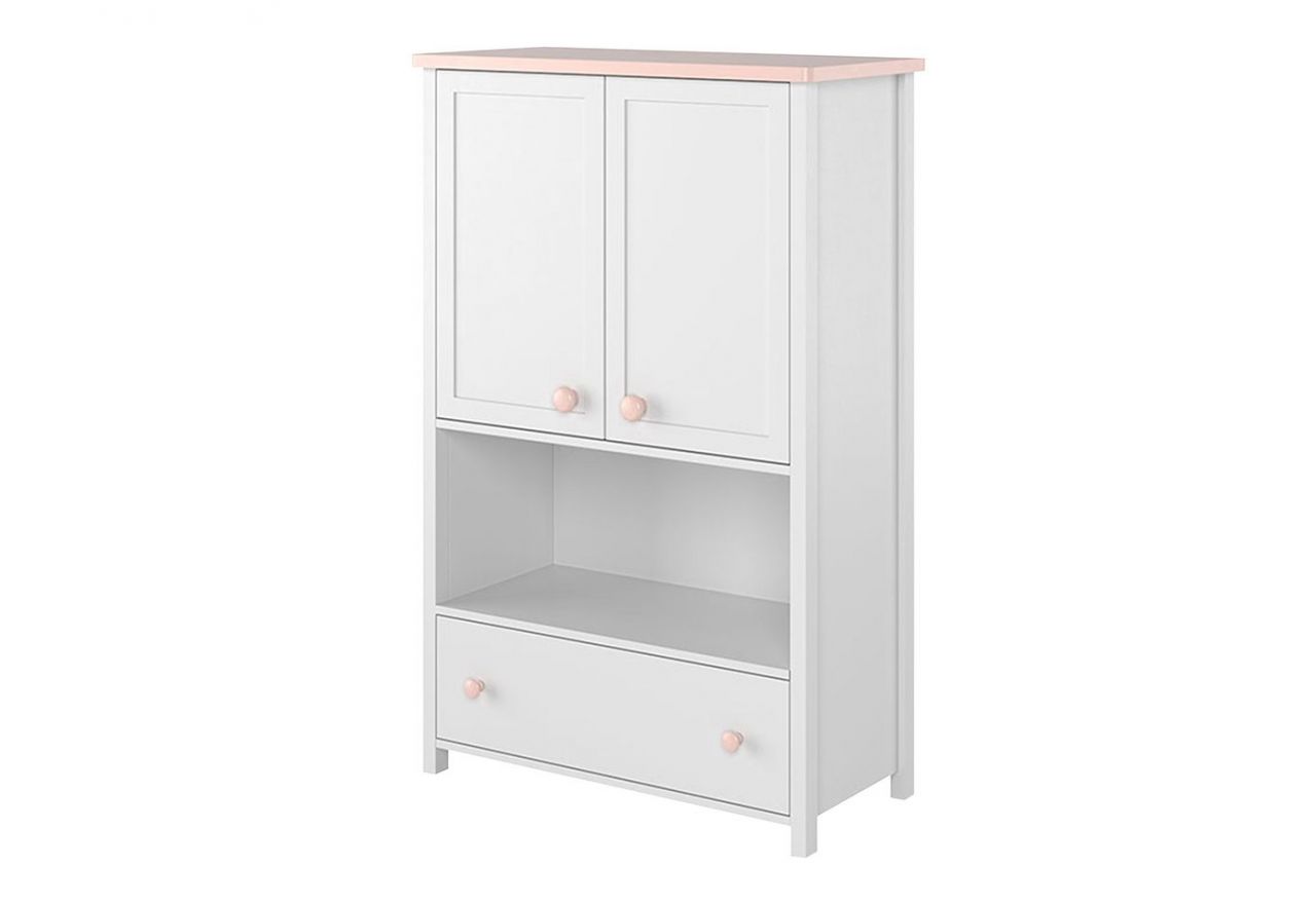 Funkcjonalny zestaw mebli do pokoju dziecięcego z łóżkiem 90x200 cm NABLO biel alpejska/róż