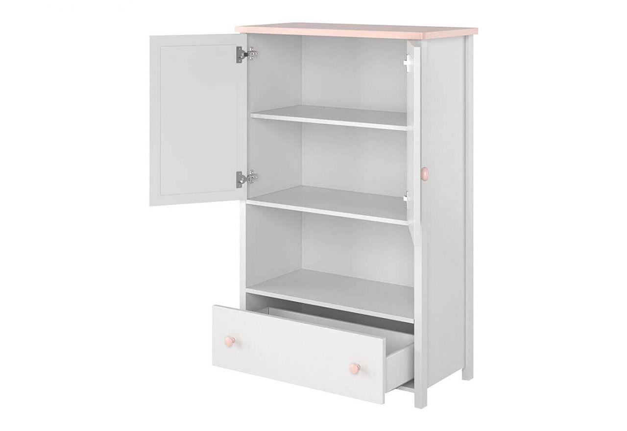 Funkcjonalny zestaw mebli do pokoju dziecięcego z łóżkiem 90x200 cm NABLO biel alpejska/róż