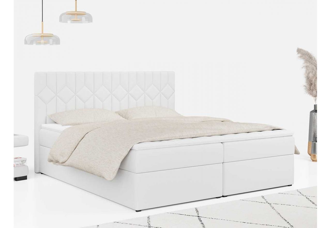 Łóżko kontynentalne z dwoma materacami, przeszywanym wezgłowiem i opcją wyboru tkaniny - STELLE 5 140x200 biała ecoskóra
