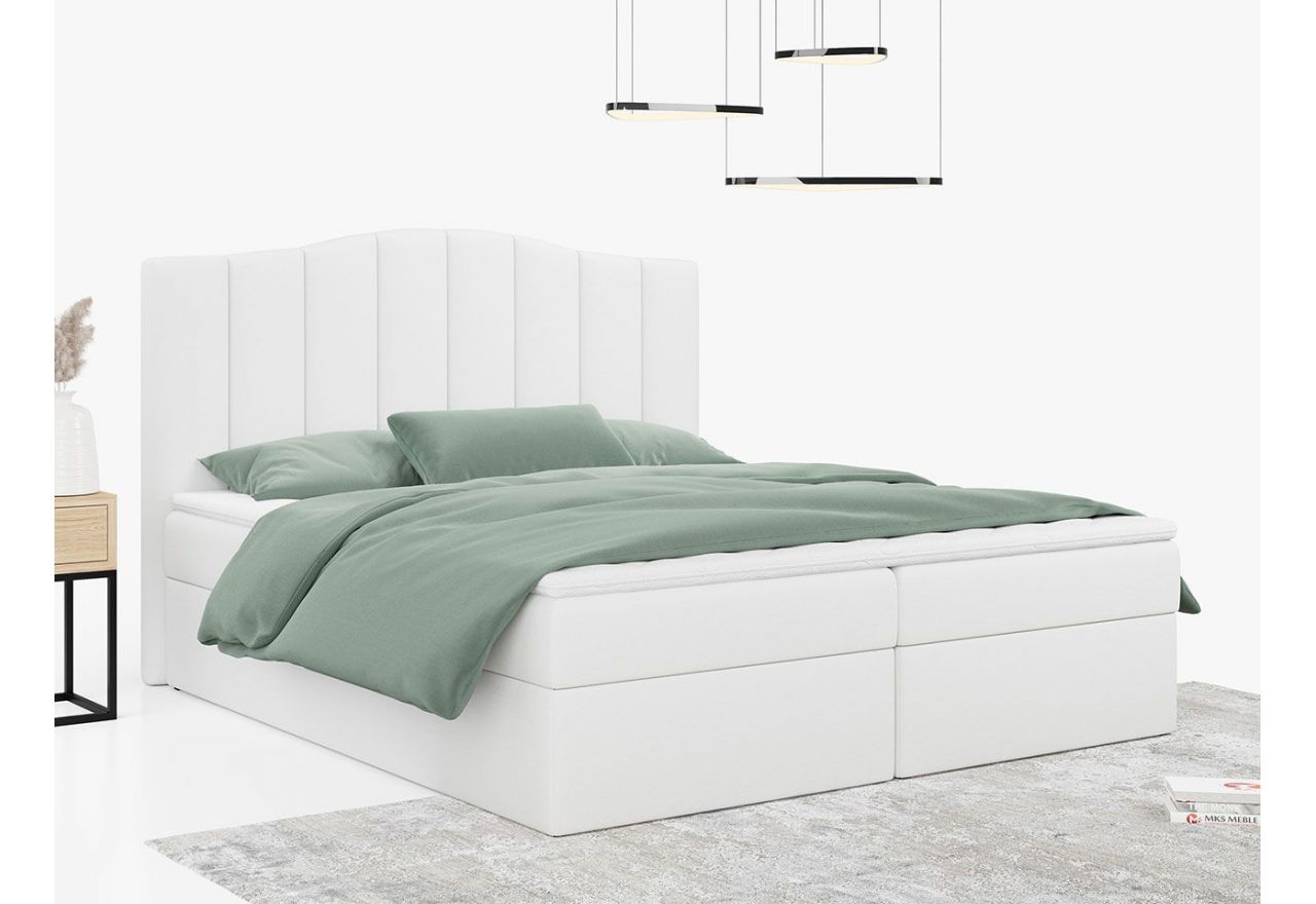 Łóżko kontynentalne LINATE do sypialni, z materacem sprężynowym 140x200 oraz podwójnym pojemnikiem na pościel, biała ecoskóra