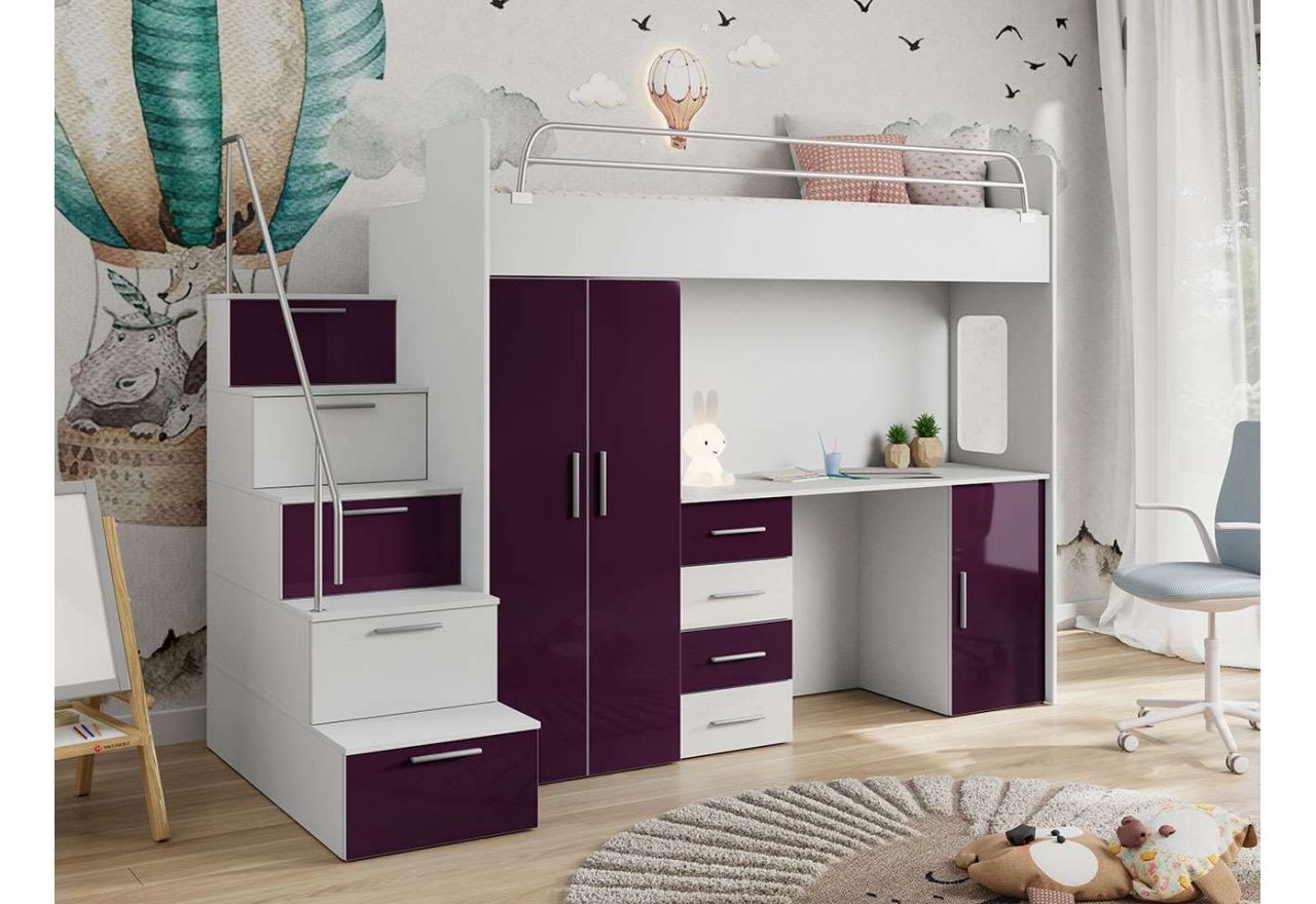 Funkcjonalny zestaw mebli dziecięcych z łóżkiem, szafą i biurkiem EDEN 4S z fioletowo-białymi frontami w połysku