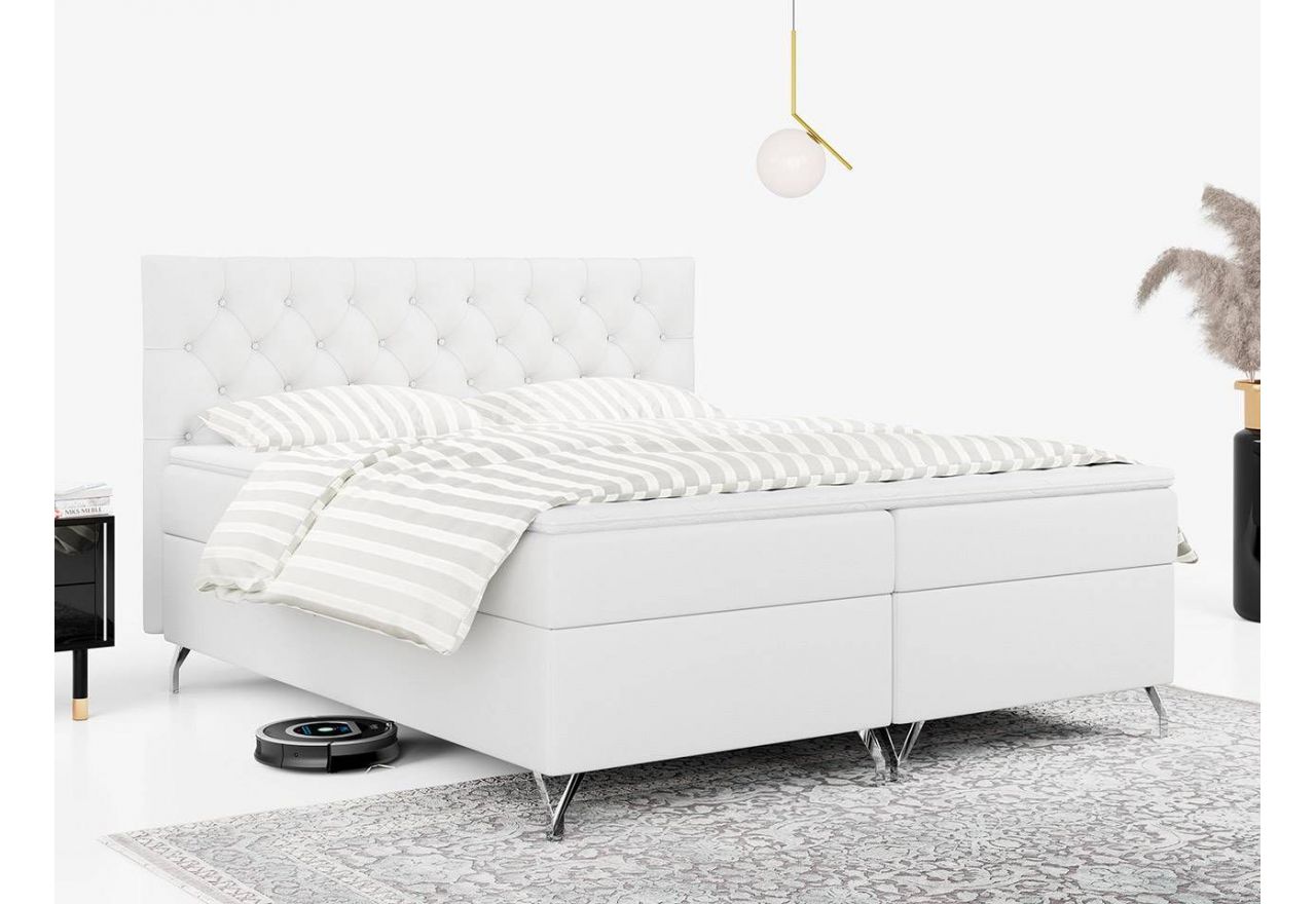 Łóżko kontynentalne z materacem, dwuosobowe na metalowych nóżkach - GRIMALDI 180x200 biała ecoskóra