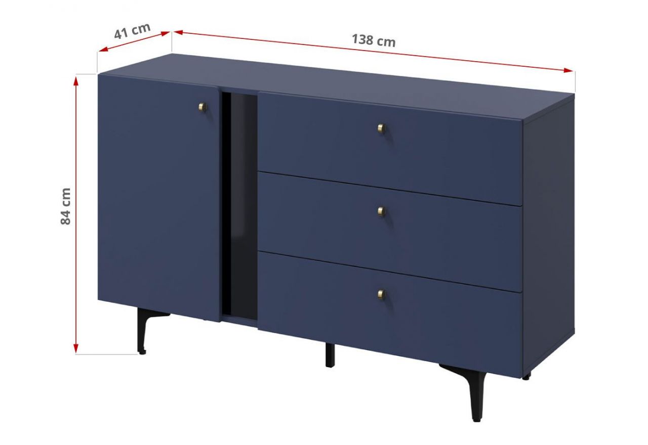 Nowoczesna granatowa komoda z szufladami do salonu lub sypialni CORSU 140 cm