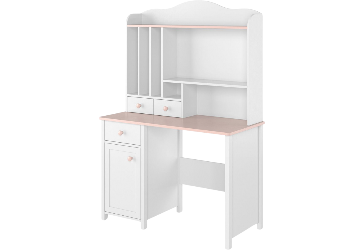 Funkcjonalny zestaw mebli dziewczęcych NABLO biurko z praktyczną nadstawką z szufladami, biel alpejska/róż