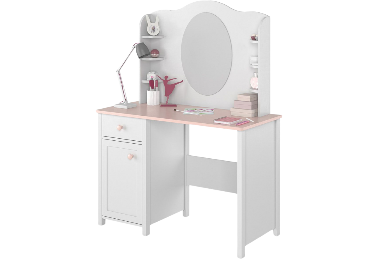Urocza i praktyczna toaletka NABLO, zestaw mebli biurko z nadstawką w kolorze bieli alpejskiej