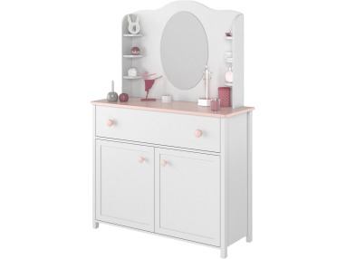 Dziewczęca toaletka z komodą i lustrem NABLO, biały zestaw mebli do pokoju dziecięcego