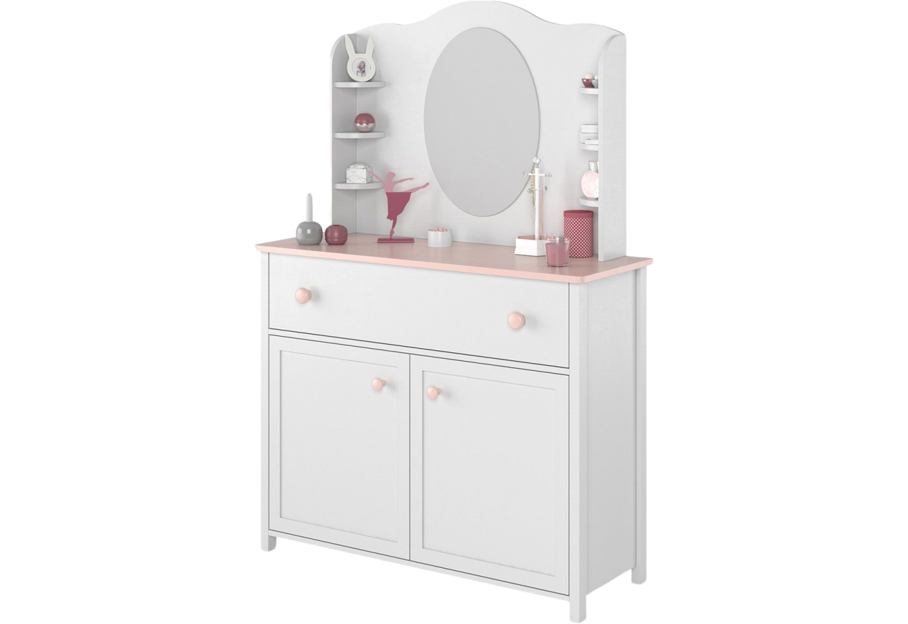 Dziewczęca toaletka z komodą i lustrem NABLO, biały zestaw mebli do pokoju dziecięcego