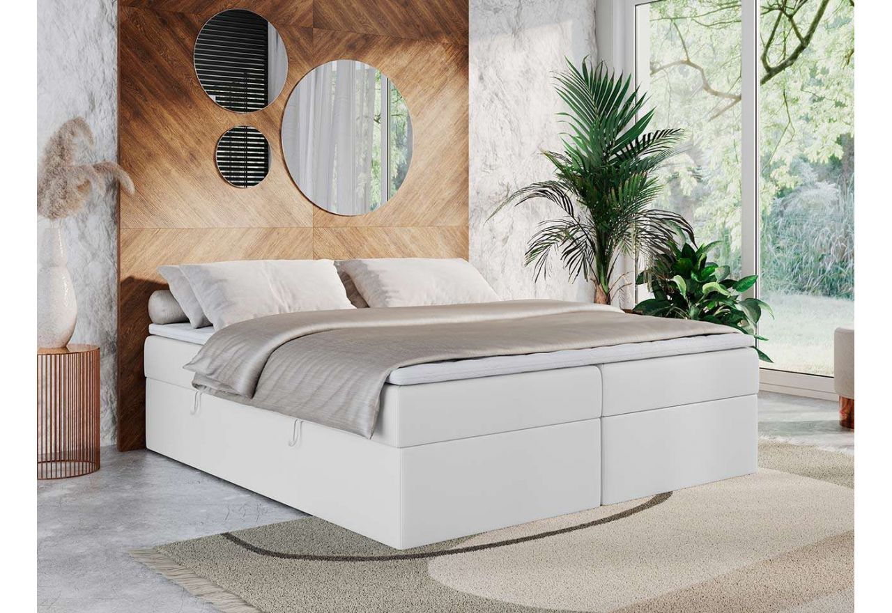 Wygodne łóżko kontynentalne ze sprężynowym materacem i dwoma pojemnikami, BASIS w białej ecoskórze 140x200