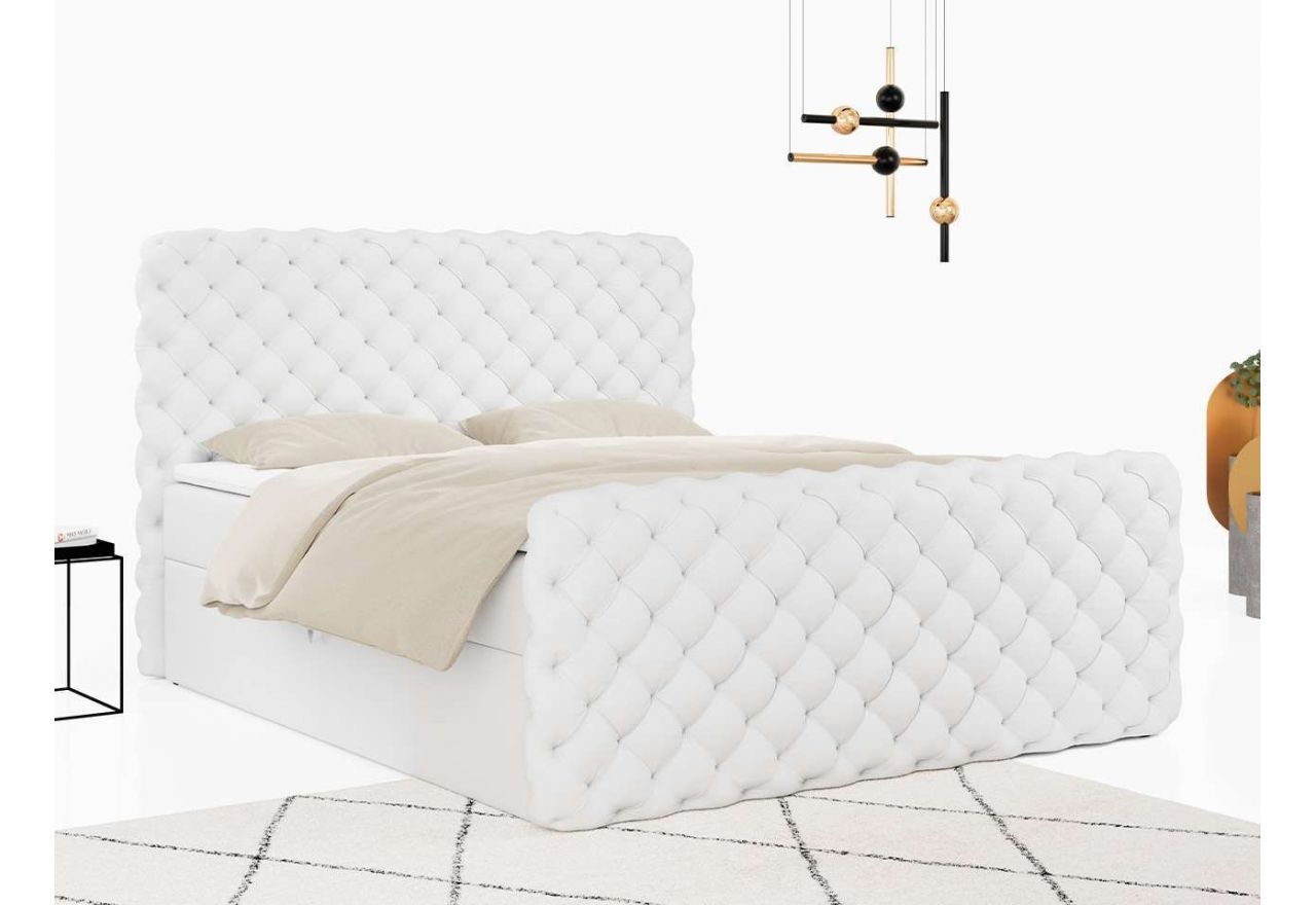 Luksusowe łóżko kontynentalne CALVARDO LUX z pikowanym wezgłowiem i przodkiem, biała ecoskóra 120x200