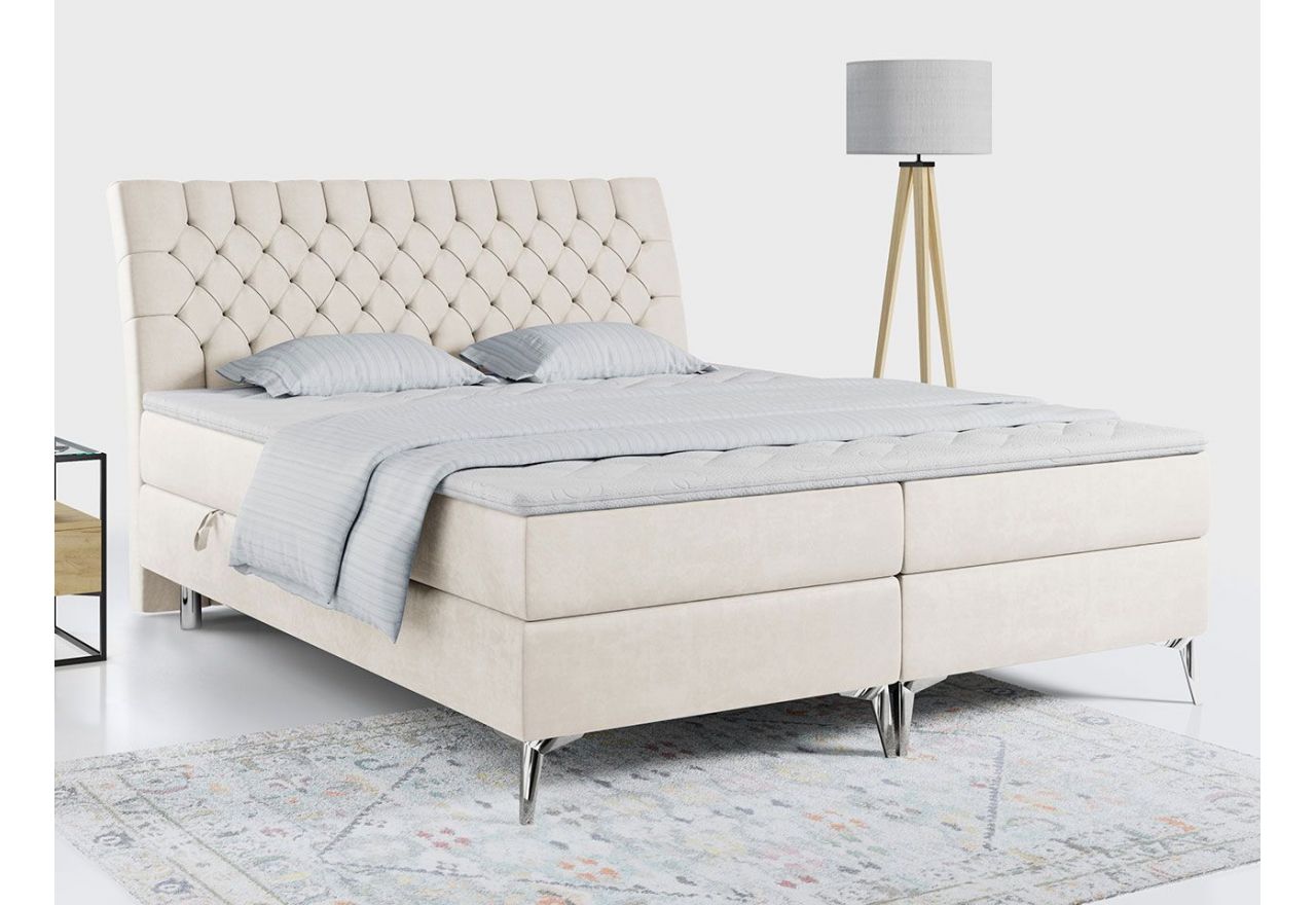 Duże łóżko kontynentalne z opcją pojemnika na pościel, MILEN 180x200 w welurowej, kremowej tkaninie, pikowane