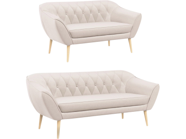 Komplet wypoczynkowy z dwu i trzyosobową sofą tapicerowaną jasnobeżowym welurem PIRS 3+2 na wysokich nóżkach z drewna